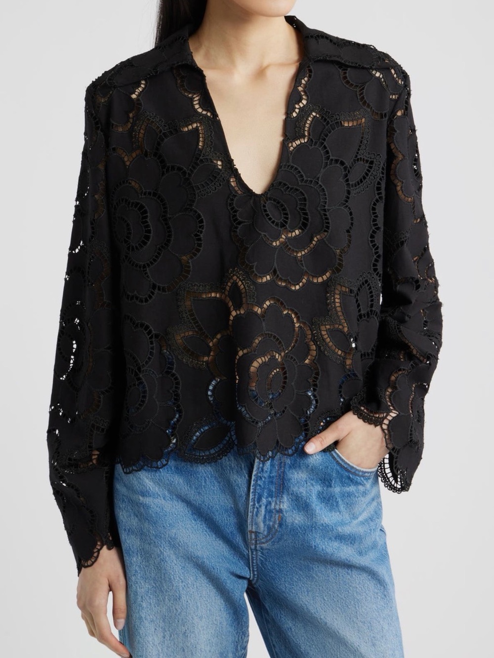 CISSA Black Open-Stitch Floral Cotton Lace V-Neck Blouse